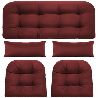 Imagem de PITCTCHIC Almofadas de vime para cadeira de 5 peças, almofada de sofá impermeável para móveis de vime, 1 almofada de assento de amor, 2 almofadas em forma de U e 2 almofadas lombares para móveis de