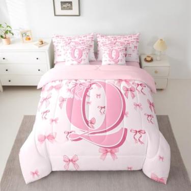 Imagem de jejeloiu Conjunto de edredom com laço rosa para meninas, 7 peças, solteiro, kawaii, para crianças, meninos, meninas, lençol com laço fofo, monograma, microfibra leve e macia