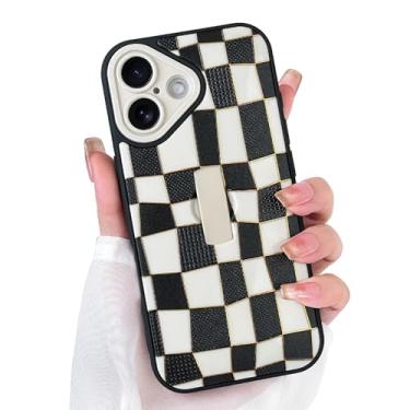 Imagem de SOKAD Capa de telefone quadriculada 3D para iPhone 17 com suporte de alça de dedo, design bonito de tabuleiro de xadrez com mão de dedo para mulheres e meninas, capa fina de proteção total para câmera