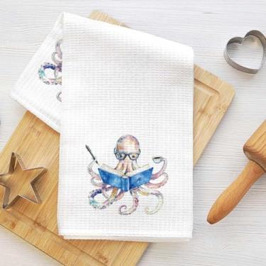 Imagem de Toalhas de cozinha de polvo de livros em aquarela, polvo intelectual e caneta de café, toalha de prato decorativa de microfibra absorvente, toalha de chá, toalhas de mão de waffle para cozinha, casa