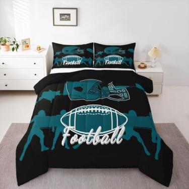 Imagem de Erosebridal Jogo de cama solteiro, futebol americano, capacete de rúgbi, para quarto de crianças, meninos e adolescentes, edredom esportivo com bola de futebol americano, verde turquesa e preto (San