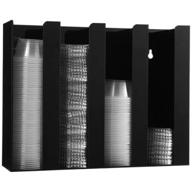 Imagem de OMISTAR Organizador de copos e tampas, dispensador de acrílico preto com 4 compartimentos, suporte de parede/bancada, suprimentos de condimentos de café e chá, 33 x 25 x 8,3 cm
