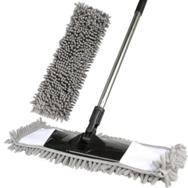 Imagem de Esfregão de poeira para limpeza de chão com 2 almofadas laváveis de chenille e cabo longo extensível de 147 cm, esfregão plano seco e úmido com almofada de limpeza para madeira, laminado, azulejo