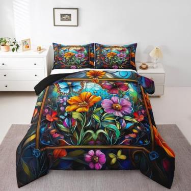 Imagem de Conjunto de edredom floral, vintage, colorido, tamanho queen, estilo gótico, barroco, botânico, para decoração de quarto de crianças, meninas, meninos, mulheres, 3 peças