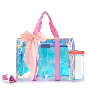 Imagem de Bolsa de praia feminina grande – impermeável, à prova de areia, resistente a perfurações, bolsa de praia com alça de ombro, design iridescente, adequada para piscina, bolsos à prova d'água, inclui