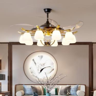 Imagem de Ventilador de teto moderno e discreto com LED, luxuoso para sala de estar, restaurante, quarto, escritório, casa de campo ou hotel, com controle remoto (F 10 lâmpadas, 1 unidade)