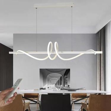 Imagem de Luminária pendente LED dimerizável para sala de jantar, branca, em espiral, com design linear, lustre com controle remoto, em alumínio, para sala de estar, cozinha ou escritório, 120 cm de c