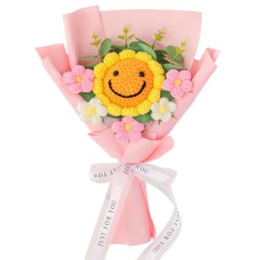 Imagem de Piklado Acabamento de buquê de flores tecido à mão (1 peça) para mãe, namorada, presente de aniversário, decoração de casamento, flor artificial de crochê, presente de buquê (girassol sorriso)