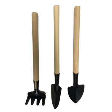 Imagem de Mini kit de jardinagem com 3 peças, incluindo pá e ancinho com cabo de madeira, ideal para vasos de flores e recipientes de vidro