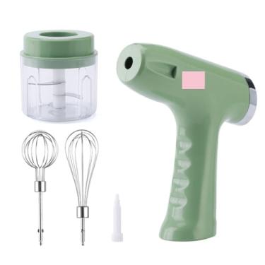 Imagem de Batedeira Elétrica Multifuncional, Verde, Recarregável USB, 2 em 1 com Mixer, 5 Velocidades, 250ml, com Batedor de Arame e Processador, 30W