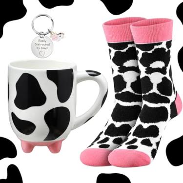 Imagem de Conjunto de 3 peças com tema de vaca de Natal para mulheres, inclui caneca de café, meias, chaveiro, fofo, cerâmico, padrão de vaca, canecas de leite estranhas para lembrancinhas de festa de Natal