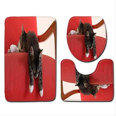 Imagem de Tapete de banheiro de três peças para gatos, tapete decorativo de banheiro 3D para animais de estimação e assento de vaso sanitário, cobertor de banheiro antiderrapante, tapete de chuveiro