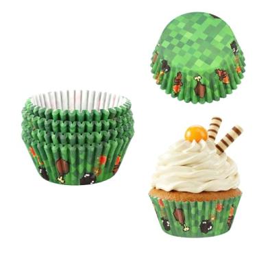 Imagem de 100pcs Forminhas Cupcake Pixel, Copos Doces Tema Grama Pixel Verde Suportes Versáteis para Sobremesas Chá Bebê Despedida Solteira Noite Jogos Festa de Aniversário Suprimentos