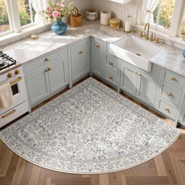 Imagem de jinchan Tapete de canto, 12 x 12 cm, floral, macio, estetico, antiderrapante, lavável, à máquina, para entrada, quarto, crianças, cozinha, faculdade, dormitório, azul/creme