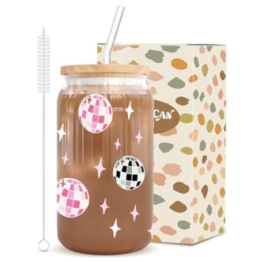 Imagem de Copo de vidro de bola de discoteca de 473 ml com tampa de bambu, inclui 2 canudos (vidro e plástico) e pincel, caixa de presente, para café gelado, smoothie, coquetel, um presente para mulheres