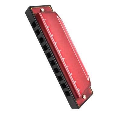 Imagem de Gaita profissional de 10 furos Blues diatônica instrumento de aço inoxidável vermelho brilhante