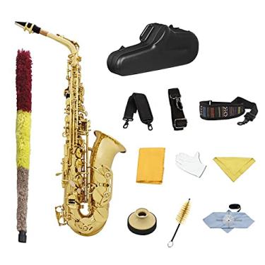 Imagem de EB Saxofone alto laqueado ouro E - Sax plano latão esculpido instrumento de sopro de madeira com acessórios de estojo saxofone estudante (cor: Saxofone dourado)