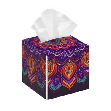 Imagem de Porta-lenços de papel quadrado de couro, impermeável, roxo, mandala, étnico, organizador de papel facial com cinto inferior, estojo de lenços para mesa, banheiro, escritório, mesa, carro, decorativo