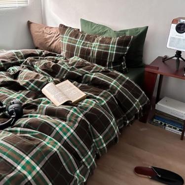 Imagem de LifeTB Conjunto de edredom xadrez marrom verde, 3 peças, vintage, xadrez, búfalo, guingão, com 2 fronhas, conjunto de cama macio de fazenda para todas as estações