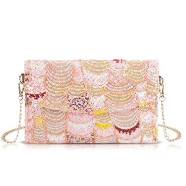 Imagem de QTKJ Bolsas clutch para mulheres, pacote de envelope, bolsa de palha com flores bordadas de lantejoulas, bolsas de mão boêmias feitas à mão, rosa, One Size