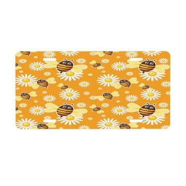 Imagem de Placa de licença fofa com estampa de margarida de abelha para frente do carro placas de alumínio metal adequado para caminhão placa de porta de carro bar café acessórios automotivos para homens