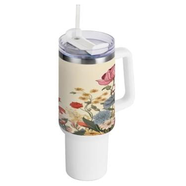 Imagem de xigua Copo vintage de flores silvestres de 1,134 g com alça e canudo, aço inoxidável duplo isolado a vácuo garrafa de água suporte de copo de garrafa de água amigável à prova de vazamento copo de