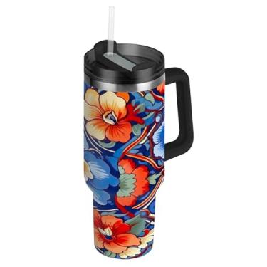 Imagem de Blueangle Copo de cerâmica mexicano de 850 g com alça e tampa de palha, caneca de viagem de aço inoxidável isolada a vácuo de parede dupla, garrafa de água reutilizável para academia de escritório ao