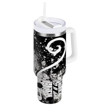 Imagem de xigua Music Notes Copo de 1,134 g com tampa e canudo, aço inoxidável de vácuo duplo isolado garrafa de água esportiva suporte para copo de café de viagem à prova de vazamento para bebida gelada