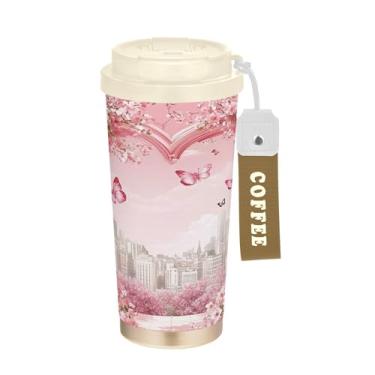 Imagem de SEHANY Caneca de viagem Neon Butterfly 482 g Copos de café reutilizáveis revestidos de cerâmica com tampa à prova de vazamento, parede dupla, isolamento a vácuo, copo de café de aço inoxidável para