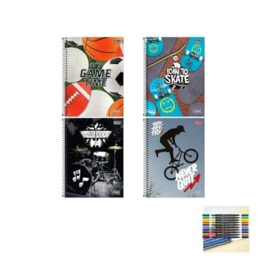 Imagem de Kit Caderno Universitário Vibe Masc 80F Tilibra + Caneta Esferográfica Pote com 24 + Marcador Artístico 10 Cores