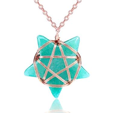 Imagem de FORBY Colar de cristal aventurina verde natural envolto em arame, pingente de estrela de cristal, pedra preciosa real, colar de pedra de cristal de cura para mulheres, presentes espirituais de Chakra