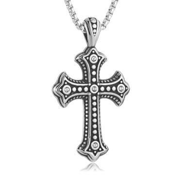 Imagem de HZMAN Colar de cruz de aço inoxidável 56 cm, presente religioso para mulheres e homens, elegante corrente com pingente de zircônia cúbica para Natal, batismo, confirmação