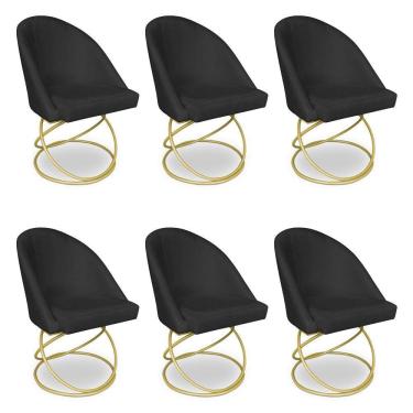 Imagem de Kit 06 Cadeiras Poltrona De Jantar Bela Suede Base Metálica Luxo Dourado - Pallazio Cor Preto
