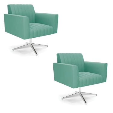Imagem de Kit 2 Poltronas Giratória Viena Gomada Suede Base Cromada - D'rossi Cor Azul Turquesa