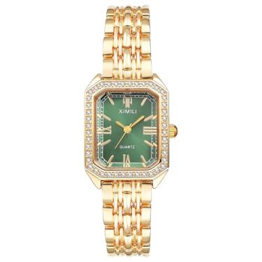 Imagem de Lancardo Relógio de quartzo quadrado elegante: caixa feminina em tom dourado brilhante mostrador verde pulseira de aço inoxidável removível senhora negócios casual vestido de festa relógio de pulso