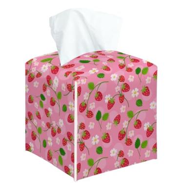 Imagem de Capa quadrada de caixa de lenços de morango e flores, suporte de caixa de lenços decorativo para quarto, banheiro, cozinha, escritório, bancada, organizador de papel facial de couro -19