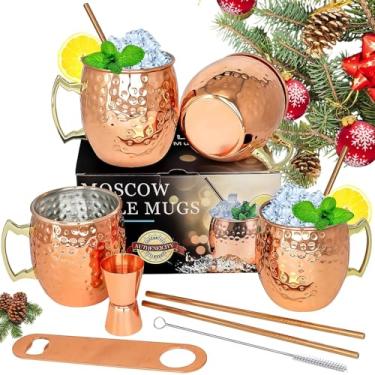 Imagem de LINALL Canecas de cobre Moscow Mule - Conjunto de 4 canecas de aço inoxidável banhadas a cobre 510 g, para bebidas geladas (4 peças)
