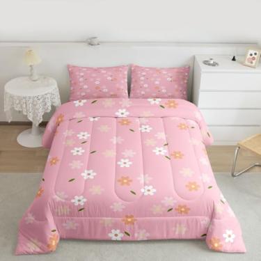 Imagem de jejeloiu Conjunto de edredom para meninas, solteiro, floral, lindo conjunto de cama para crianças, adolescentes, pétalas de flor de laranja e branca, edredom para decoração de quarto, 2 peças com 1