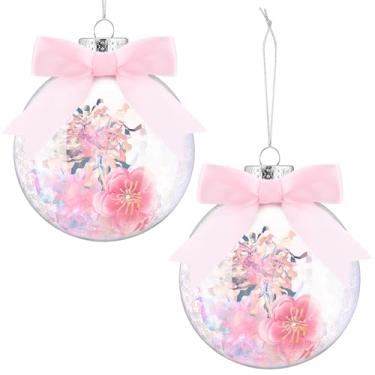 Imagem de Skylety 2 peças de enfeite de bola de Natal com tema de bruxa, 10 cm, grande, princesa, rosa, lantejoulas, decorações penduradas com laço, varinha mágica e flor de pêssego para decoração de festa de