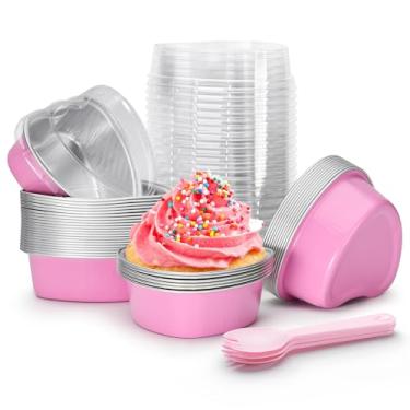 Imagem de STN Mini formas de bolo em forma de coração 100 ml/ 96.4 g formas de cupcake de folha de alumínio de coração 50 peças de copos de cozimento do dia dos namorados com tampas, colher para Dia dos