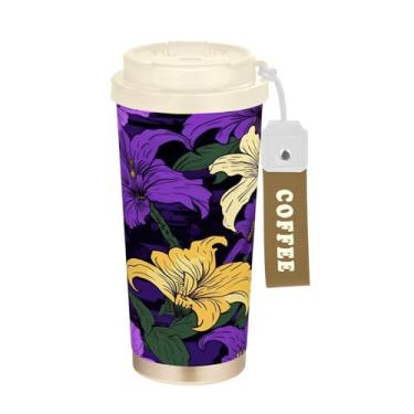Imagem de Wassud Caneca de café de viagem isolada com flores em fundo preto copo à prova de vazamento com tampa e canudo garrafa de água de aço inoxidável para café quente/gelo, chá e cerveja