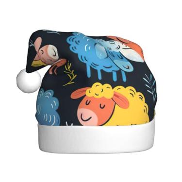 Imagem de SKKNT Cute Colorful Sheep Cartoon Pattern Print Adult Christmas Hat Festive Costumes Santa Hats Trim Ball Holiday Parties New Year