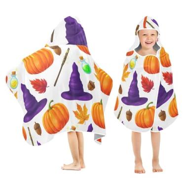 Imagem de Burbuja Abóboras chapéu de bruxa toalha de banho com capuz para crianças, toalha de praia de pelúcia macia absorvente para meninas e meninos 3-10 anos, 61 x 127 cm