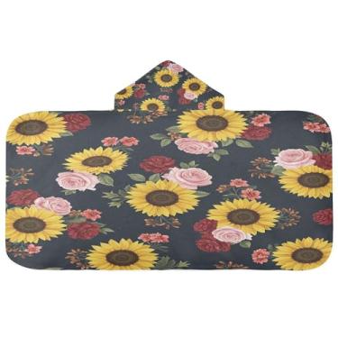 Imagem de Burbuja Toalha de banho com capuz e rosas girassóis para crianças, toalha de praia de pelúcia macia absorvente para meninas e meninos 3-10 anos, 61 x 127 cm