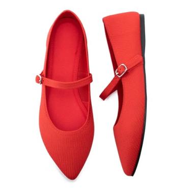 Imagem de Soesyi Sapatilhas de balé de malha de bico fino para mulheres confortáveis com alça ajustável, rasteiras casuais laváveis e elegantes para trabalho e escritório, Vermelho, 36