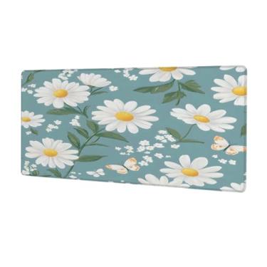 Imagem de Tapete de mouse grande com margaridas brancas à prova d'água para computador estendido tapete protetor de mesa base de borracha antiderrapante para escritório, computador, teclado, laptop e mesa de