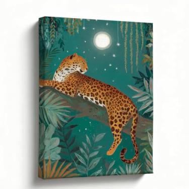 Imagem de Arte de parede de leopardo, impressão em tela de selva iluminada pela lua, decoração de céu noturno tropical boho para quarto e sala de estar, pintura elegante da vida selvagem, presente para amantes