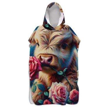 Imagem de TSENQUE Roupão para troca de poncho de surfe de vaca highland floral rosa para banho de praia Adul Toalhas com capuz vestíveis unissex poncho adulto com capuz