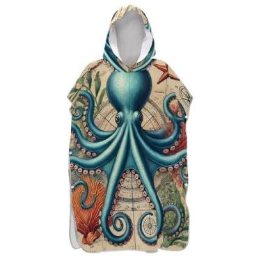 Imagem de Poncho de surfe para adultos trocador de roupas de banho de praia com capuz poncho masculino leve com capuz azul polvo arte do mar