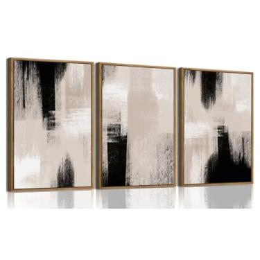 Imagem de KISSFOX Arte de parede emoldurada de 3 peças, decoração de parede abstrata, preto, bege, cinza, imagens modernas, minimalistas, pinturas naturais grandes, obras de arte para sala de estar, quarto